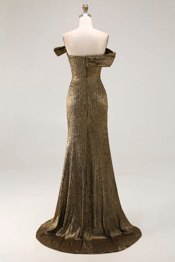Off The Shoulder Metallic Gold Sheath Prom Klänning Med Slits
